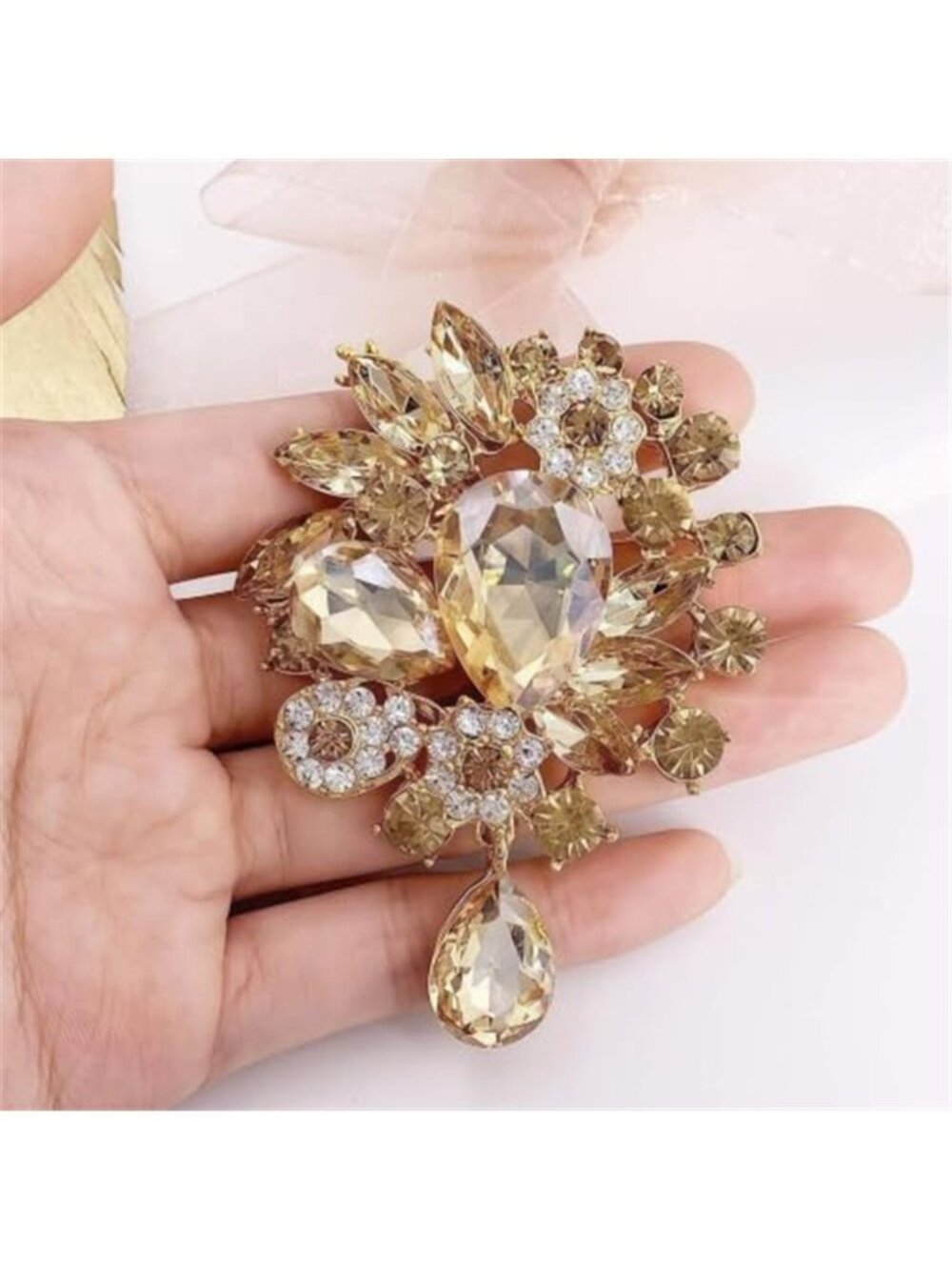 Champagne Gold Brooches for Women Large Teardrop Bouquet Pin - Picture 2 of 3